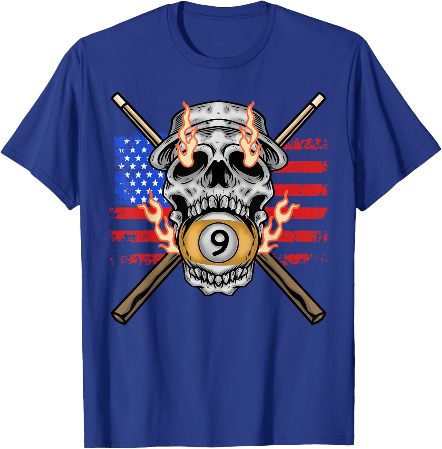 9 Ball Billiard Pool Player American Flag Skull Billiards T-Shirt - T-Shirt | Royal