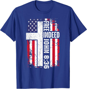 Men's Patriotic Christian Free Indeed Faith Cross USA Flag T-Shirt - T-Shirt | Royal