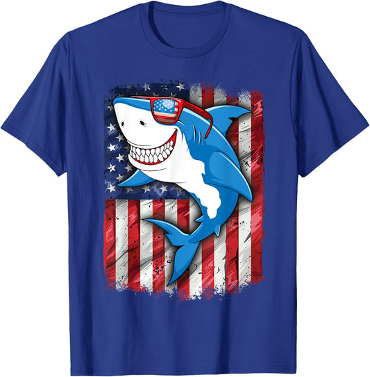 Shark 4th of July Shirt Boys Men Jawsome American Flag T-Shirt - T-Shirt | Royal