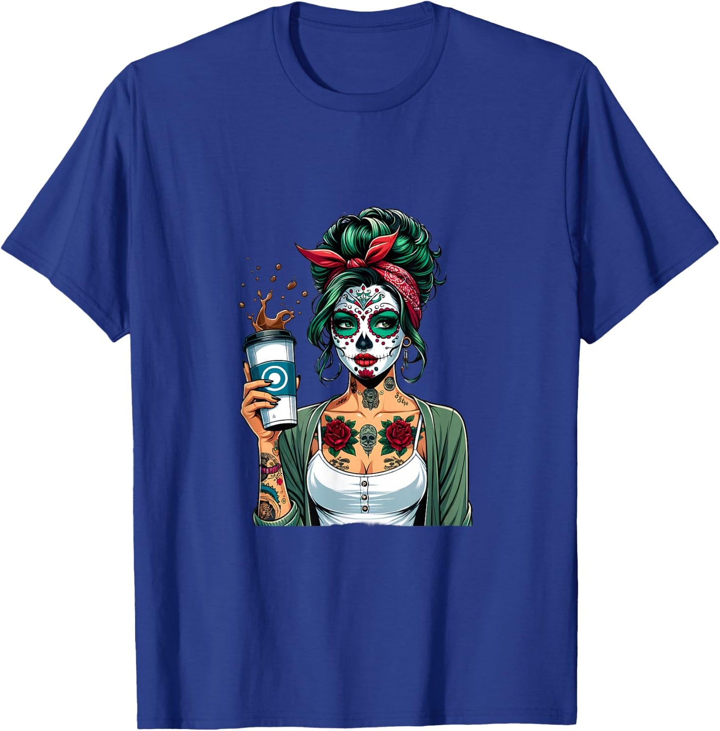 Retro Woman Diva Coffee Skull Make-Up Vintage Pin-Up T-Shirt - T-Shirt | Royal