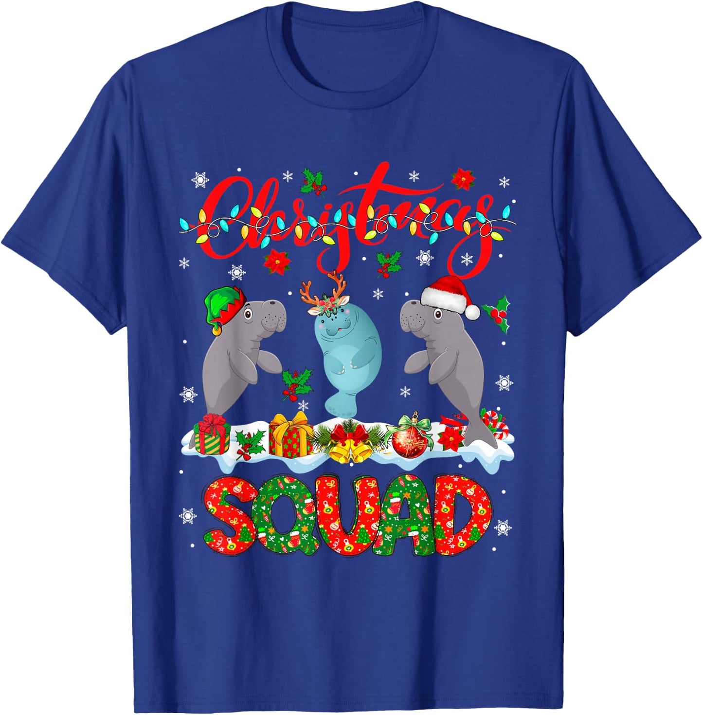Christmas Squad Three Santa Reindeer Elf Manatees Xmas T-Shirt - T-Shirt | Royal