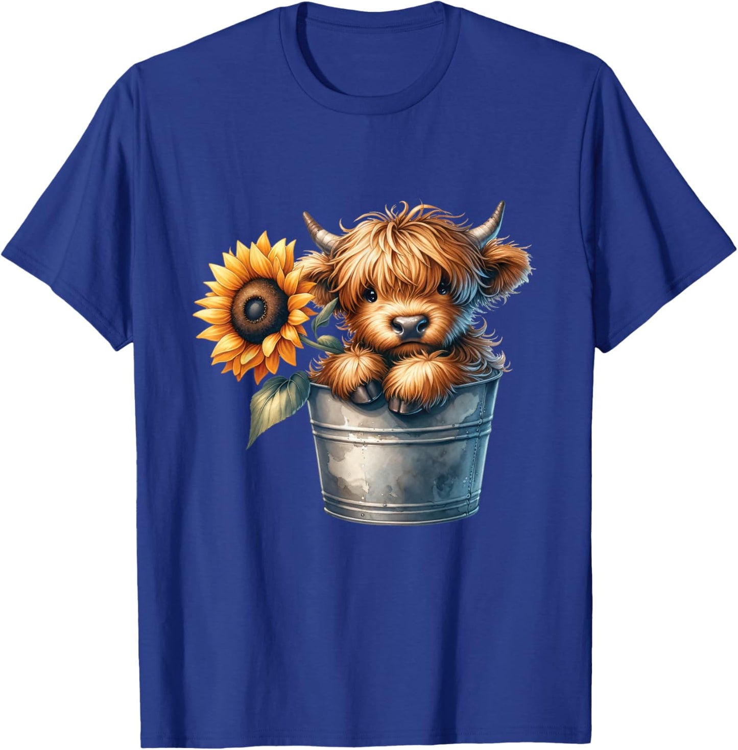 Highland Cow in Bucket, Sunflower Pattern, Floral , Black, S T-Shirt - T-Shirt | Royal