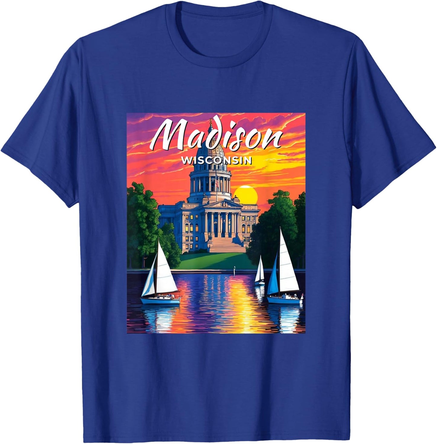 Madison Skyline Wisconsin State Capitol Sailboats Vintage T-Shirt - T-Shirt | Royal