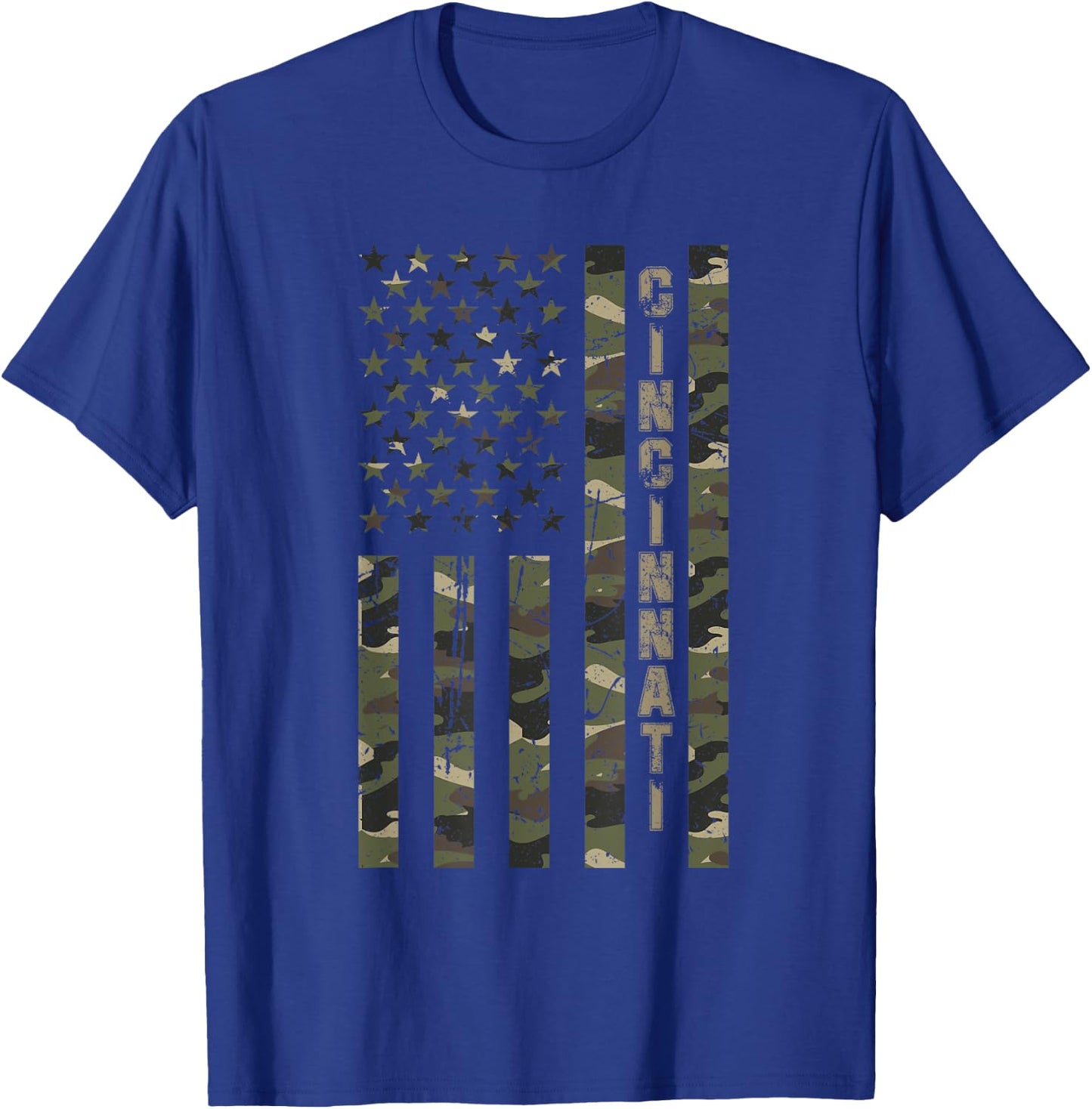Cincinnati United States Distressed Camo w US Flag T-Shirt - T-Shirt | Royal