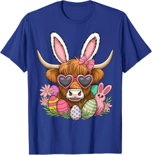 Easter Bunny Highland Cow Farmer Women Girls Easter Day T-Shirt - T-Shirt | Royal