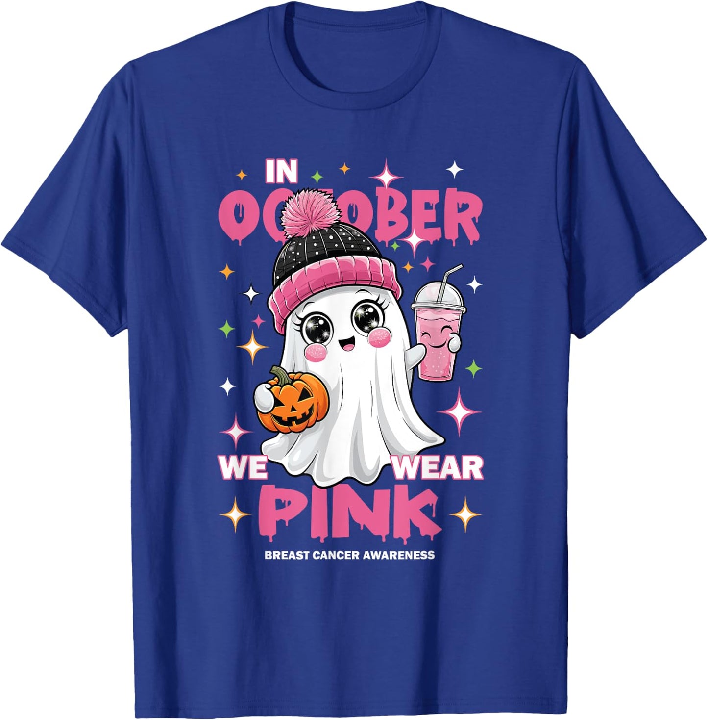 Pink October Halloween Ghost Breast Cancer Awareness T-Shirt - T-Shirt | Royal