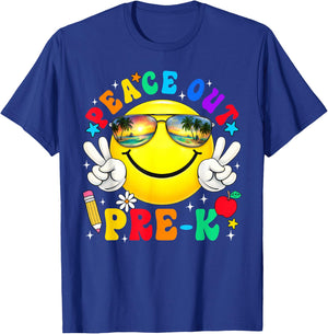 Peace Out Pre-K Last Day of School Groovy Smile Face T-Shirt - T-Shirt | Royal