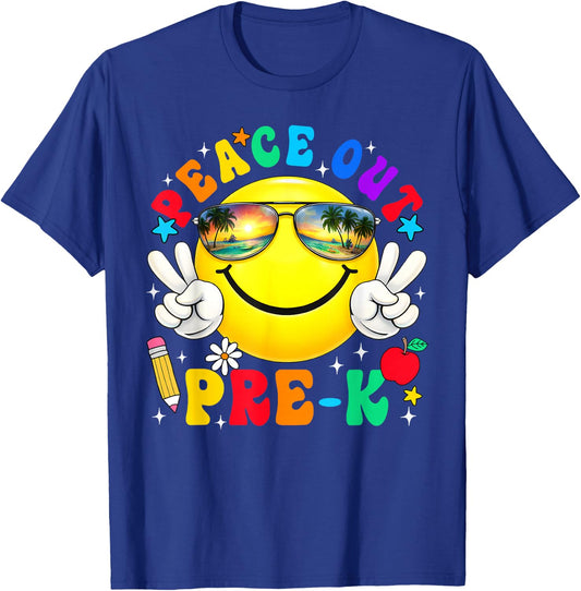 Peace Out Pre-K Last Day of School Groovy Smile Face T-Shirt - T-Shirt | Royal
