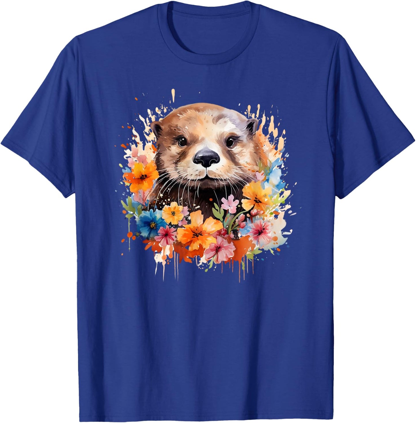 Floral Otter Face Watercolor Painting Sea Otter Portrait T-Shirt - T-Shirt | Royal