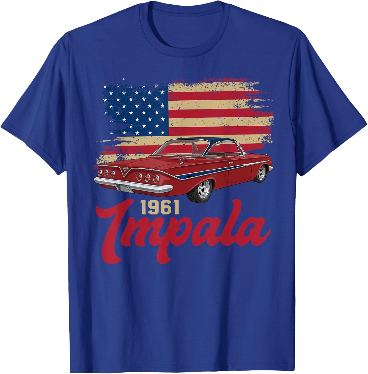1961 61 Impala Old School Muscle Car American Flag T-Shirt - T-Shirt | Royal