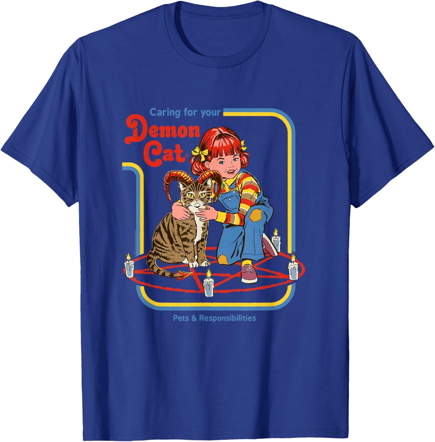 Steven Rhodes Caring for Your Demon Cat Retro Dark Humor T-Shirt - T-Shirt | Royal