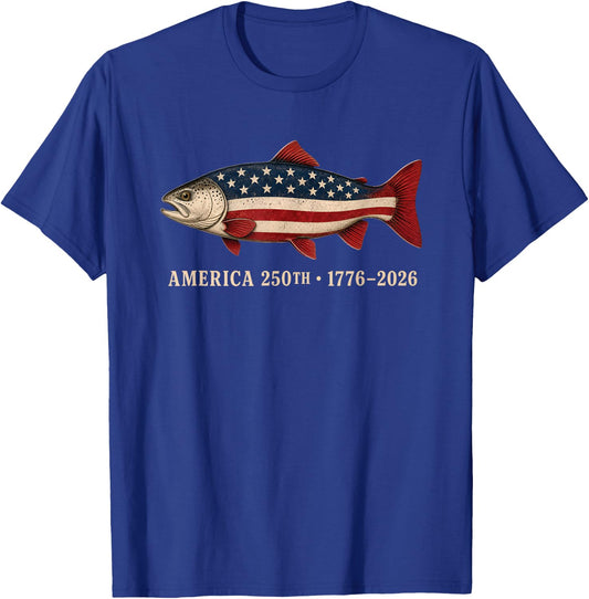 250 America Years 1776 2026 Fishing USA Flag 250th Birthday T-Shirt - T-Shirt | Royal