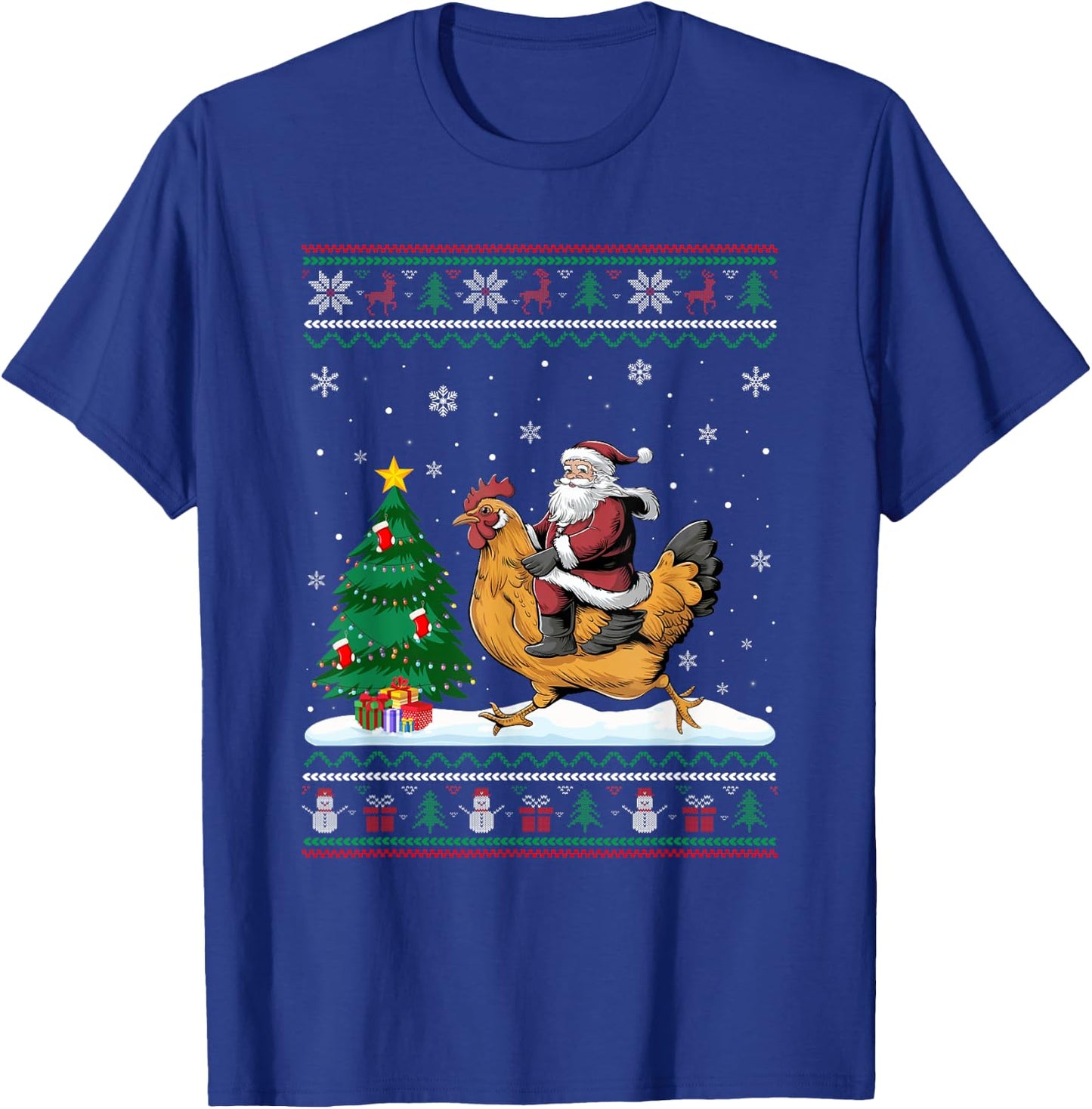 Ugly Christmas Tree Lights Xmas Santa Riding Chicken T-Shirt - T-Shirt | Royal