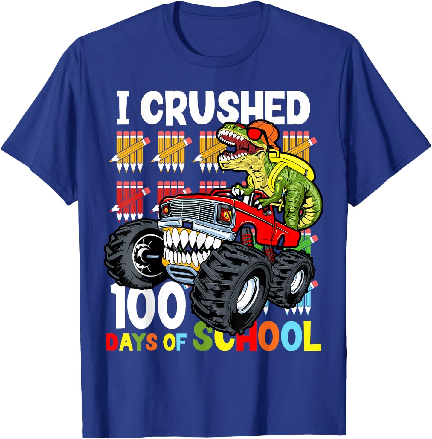 I Crushed 100 Days of School Dinosaur Monster Truck Boys T-Shirt - T-Shirt | Royal