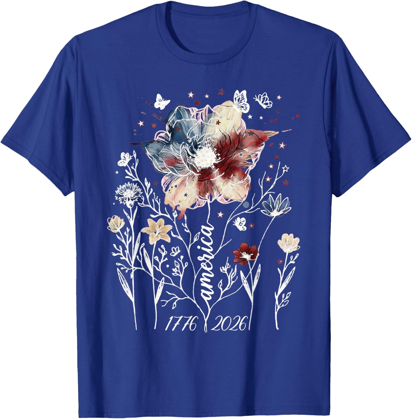 Vintage Americana Wildflower Floral 1776 2026 Patriotic T-Shirt - T-Shirt | Royal