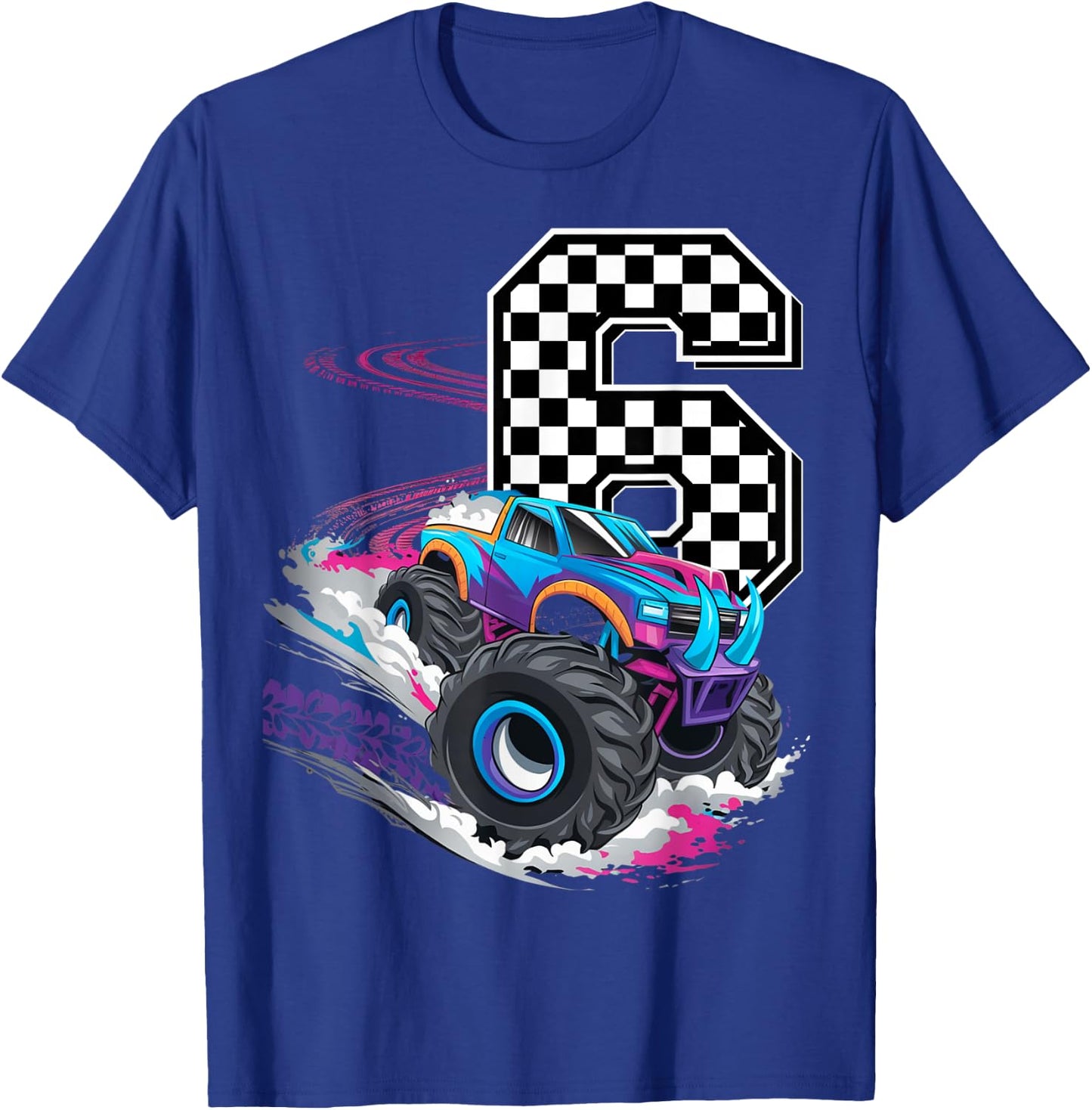 6th Birthday Monster Truck Boys 6 Six racing car flag Kids T-Shirt - T-Shirt | Royal