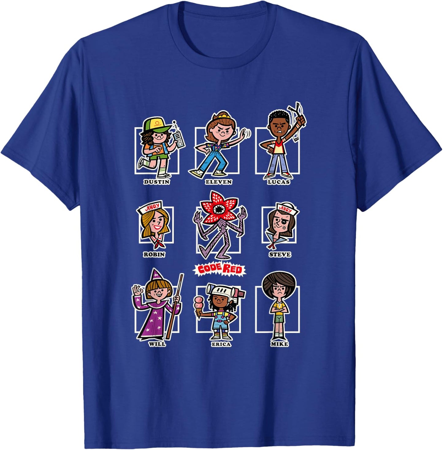 Stranger Things The Party Group Chibi Vintage Code Red Icons T-Shirt - T-Shirt | Royal