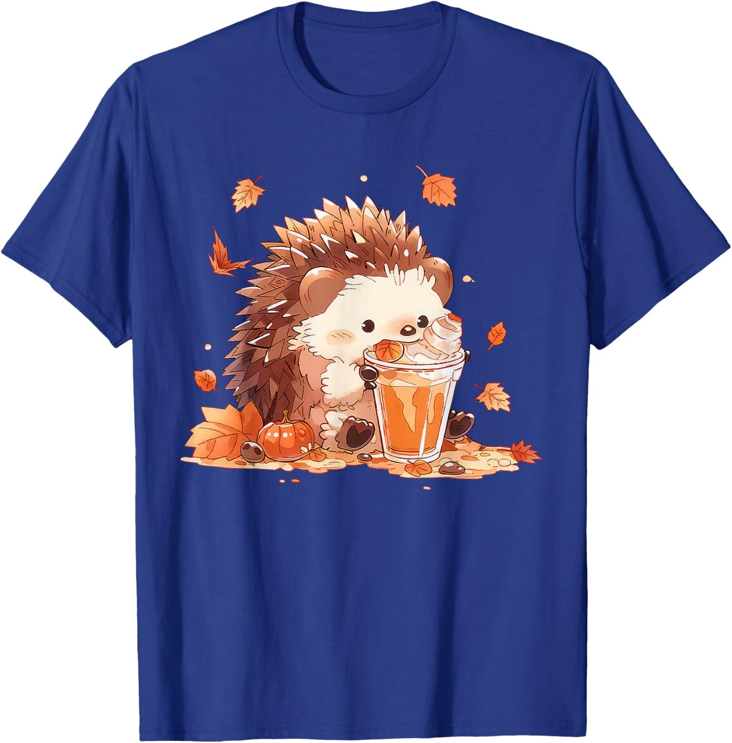 Cute Hedgehog Drinking Coffee Latte Fall Autumn Thanksgiving T-Shirt - T-Shirt | Royal