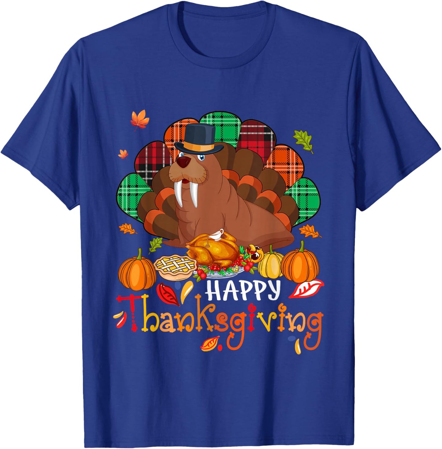 Happy Thanksgiving Cute Walrus Cosplay Turkey With Dinner T-Shirt - T-Shirt | Royal