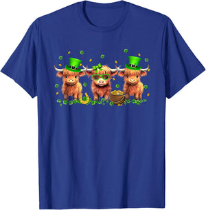 Highland Cow Print St Patricks Day Shamrock Irish Holiday T-Shirt - T-Shirt | Royal
