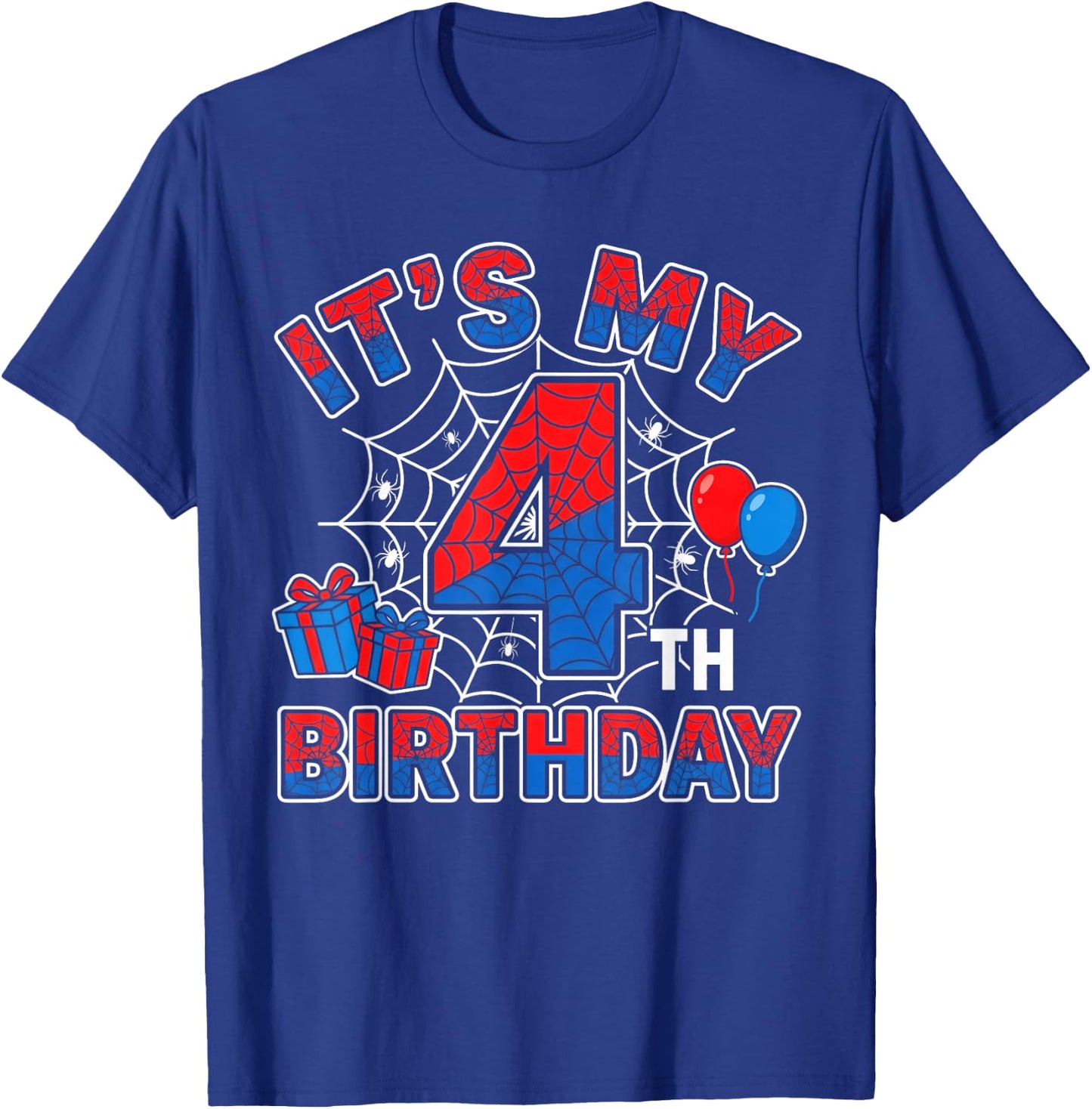 Its My 4th Birthday Boy 4 Year Old Spider Web Birthday Party T-Shirt - T-Shirt | Royal
