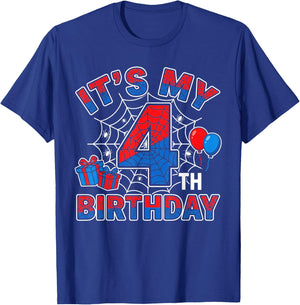 Its My 4th Birthday Boy 4 Year Old Spider Web Birthday Party T-Shirt - T-Shirt | Royal