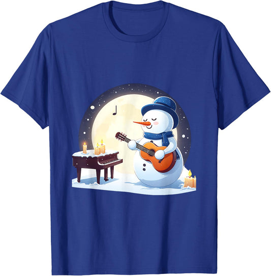 Snowman Playing Guitar Under the Moonlight T-Shirt - T-Shirt | Royal