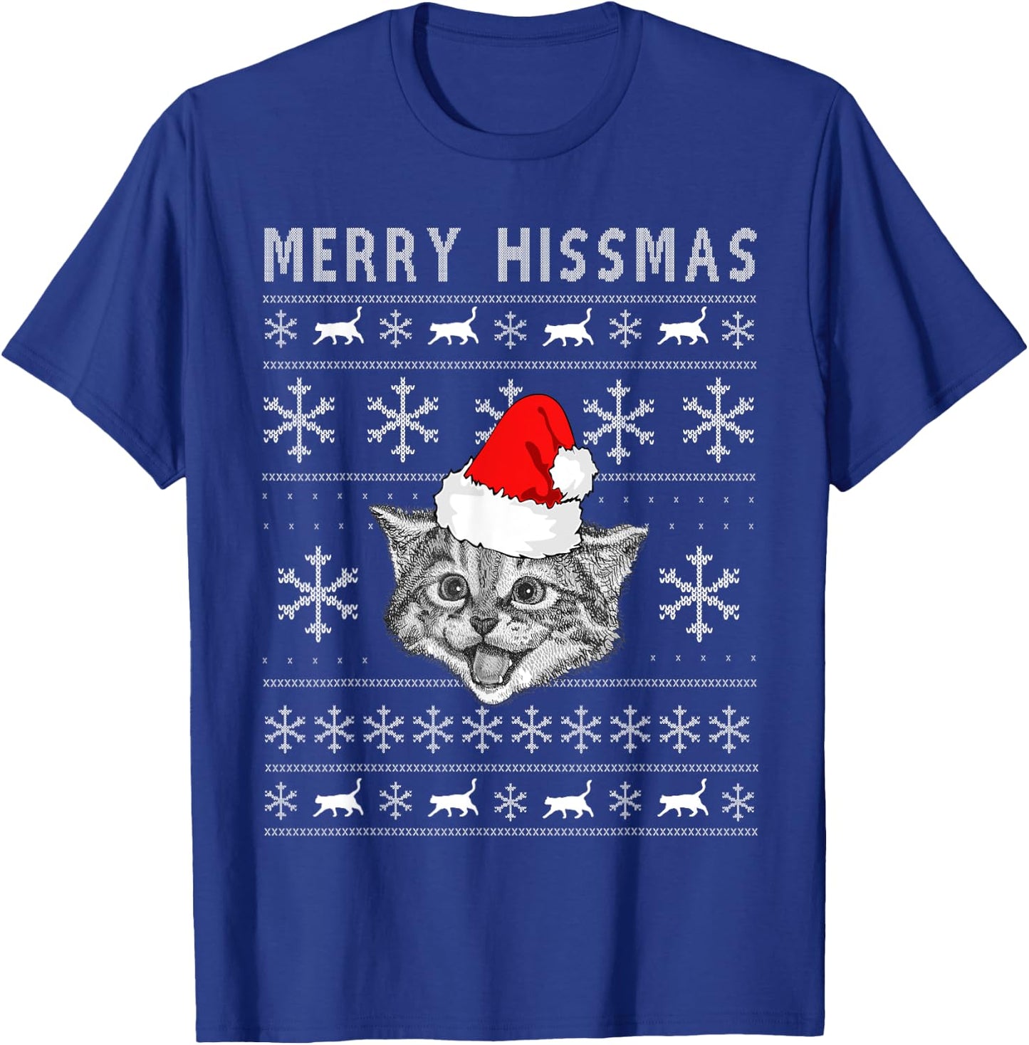 Merry Hissmas Ugly Christmas Cat Wearing Santa Hat Men Women Kids T-Shirt - T-Shirt | Royal