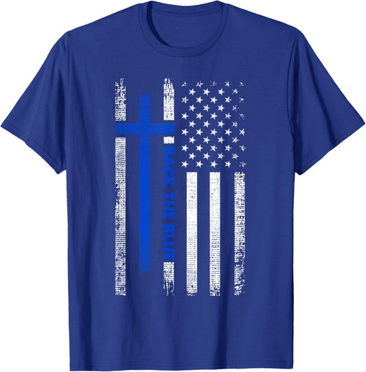 Back The Blue Jesus Faith Cross Police Thin Blue Line Flag T-Shirt - T-Shirt | Royal