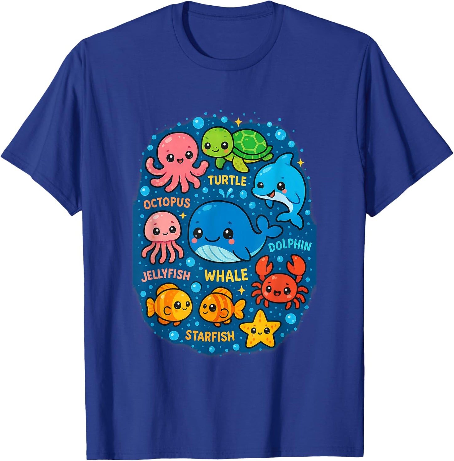 Kawaii Ocean Friends Whale & Sea Creatures Circle Cute T-Shirt - T-Shirt | Royal