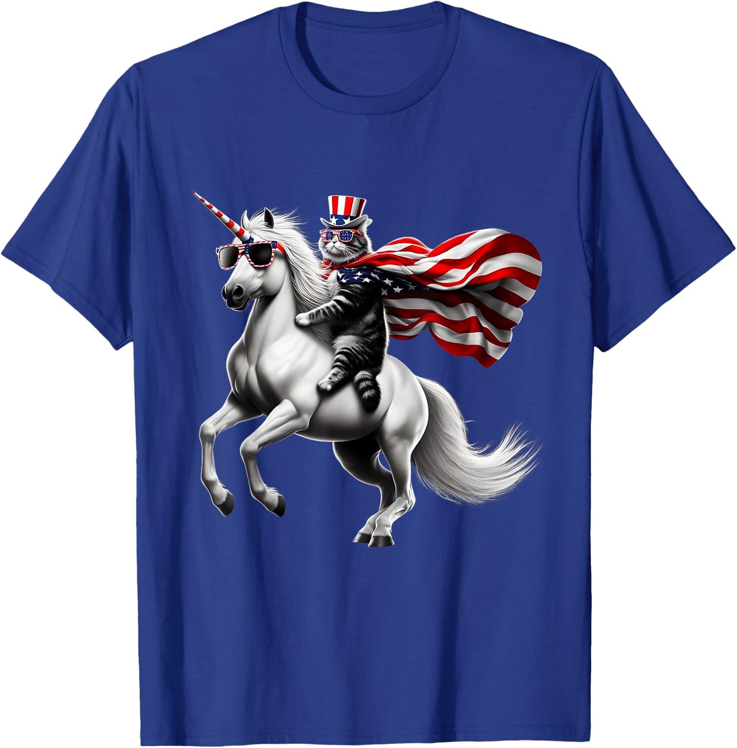 Cat riding Unicorn usa flag Patriotic 4th of July T-Shirt - T-Shirt | Royal
