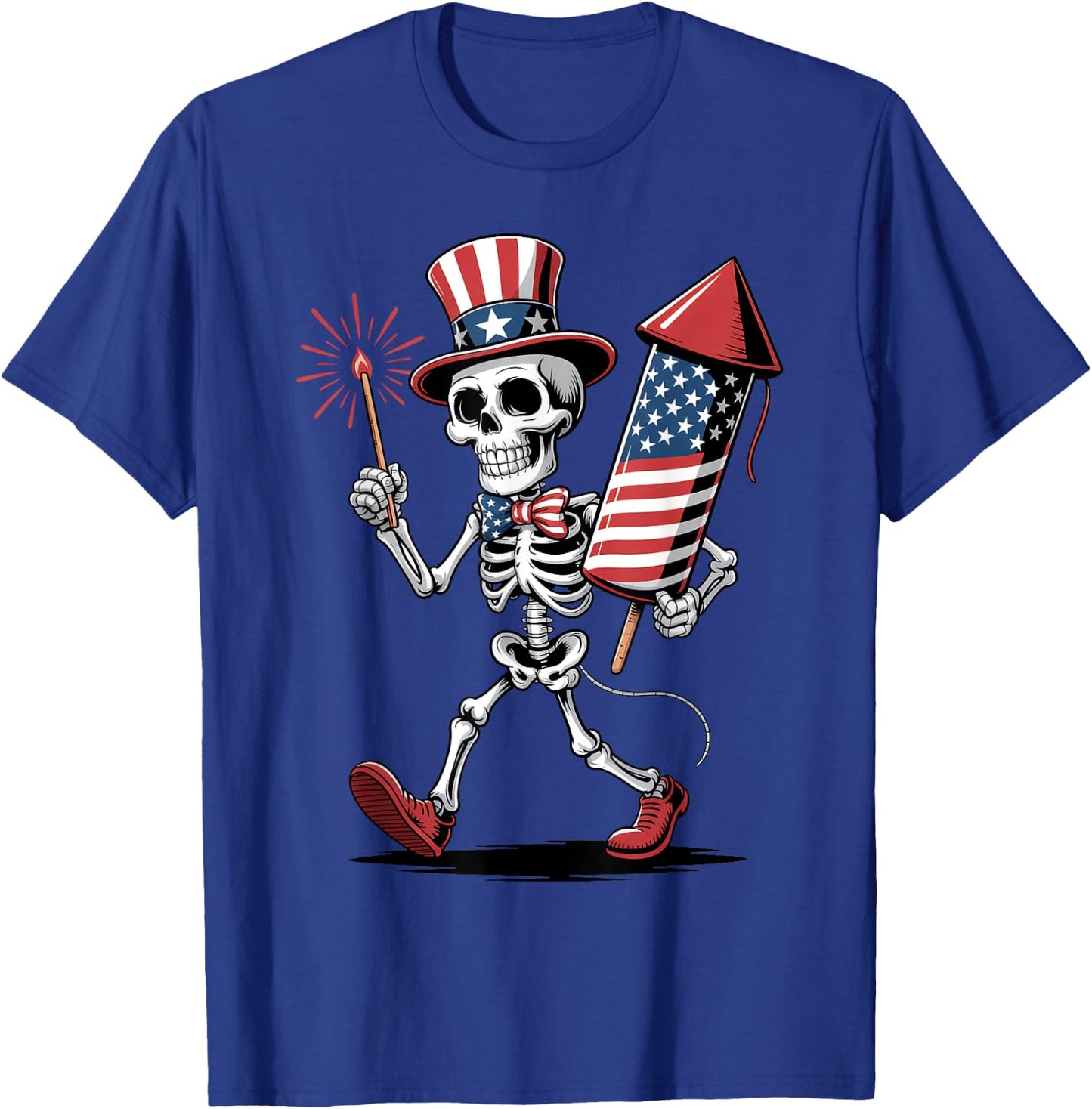 Happy 4th Of July Skeleton Holding Fireworks American Flag T-Shirt - T-Shirt | Royal