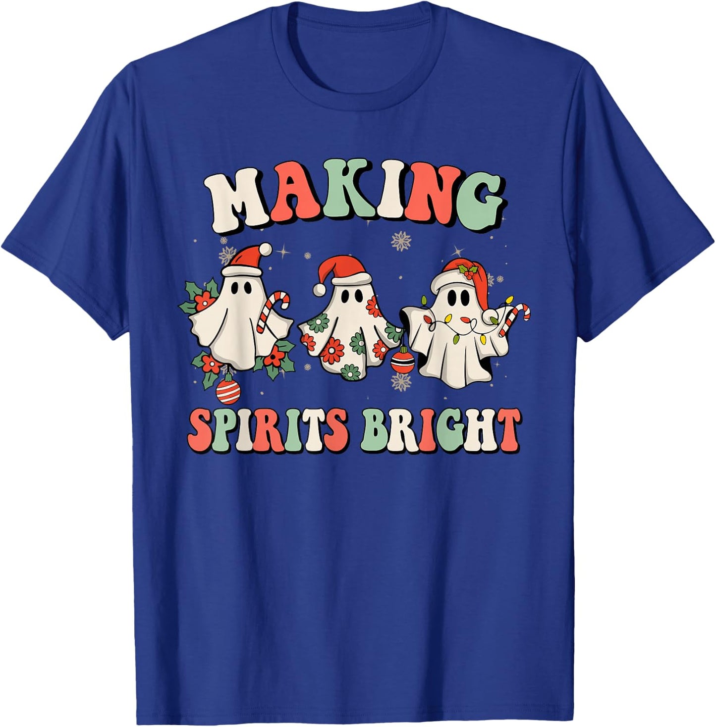 Retro Groovy Christmas Ghost Making Spirits Bright Pajamas T-Shirt - T-Shirt | Royal