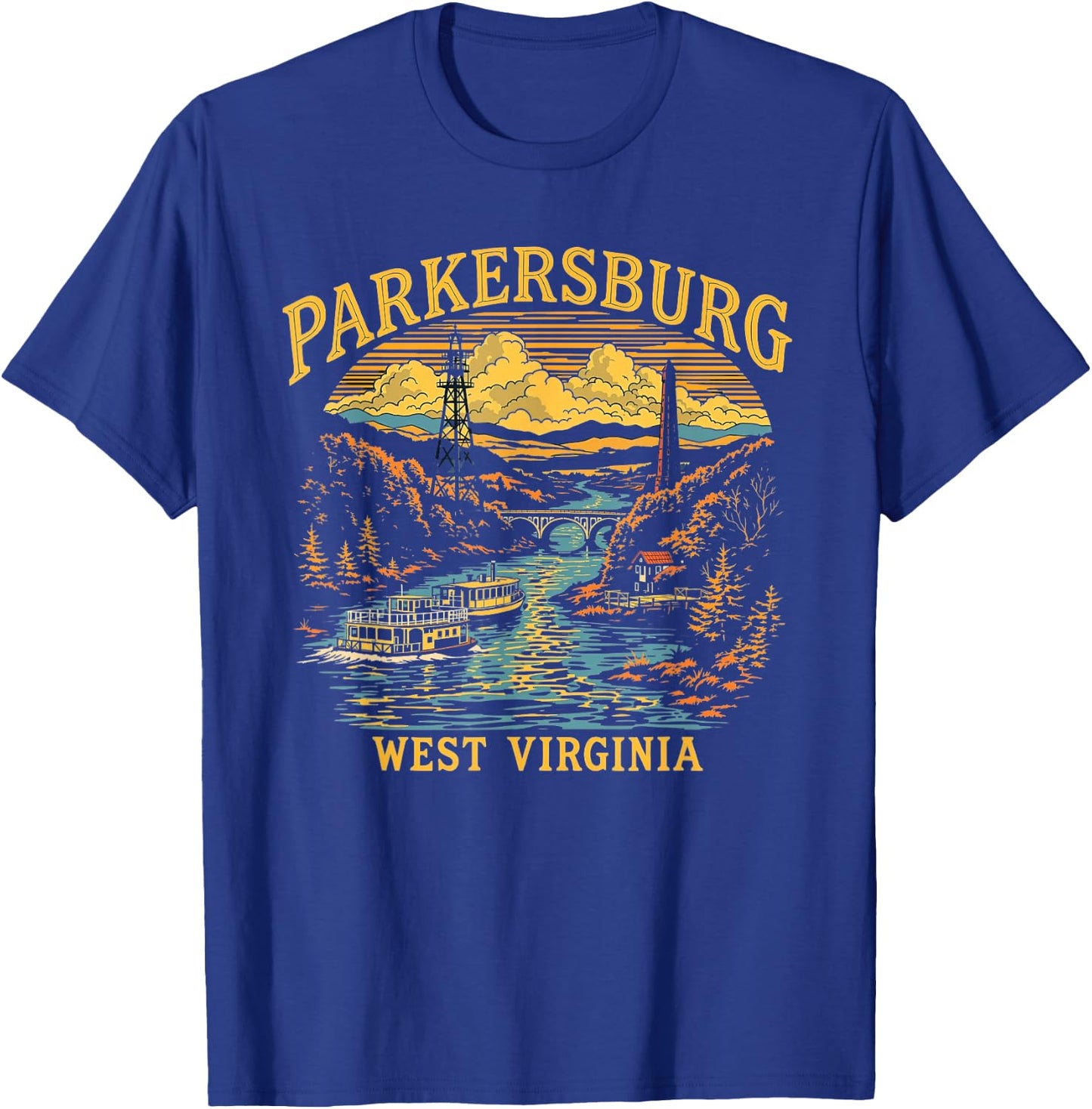 Vintage Parkersburg West Virginia Sunset Skyline Cityscape T-Shirt - T-Shirt | Royal