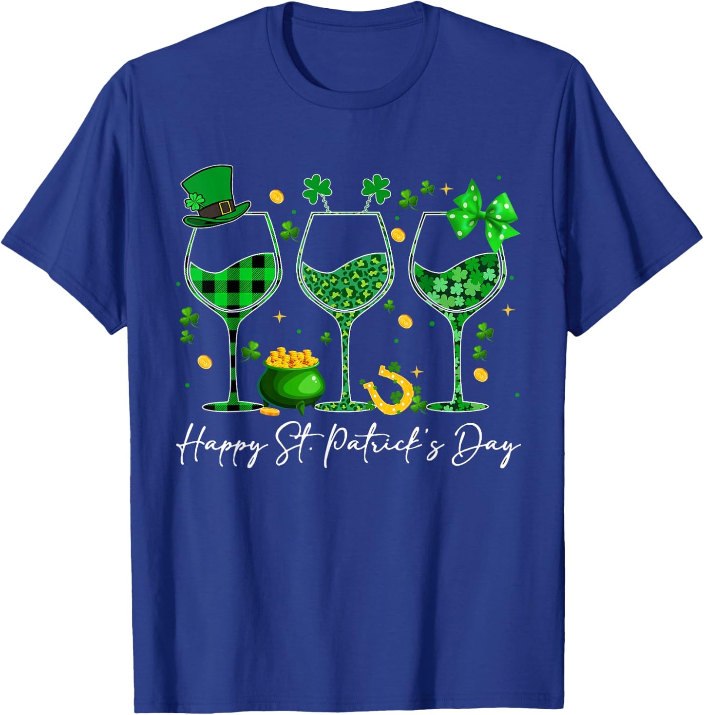 Wine St Patricks Day Leopard Green Shamrock Wine Glasses T-Shirt - T-Shirt | Royal