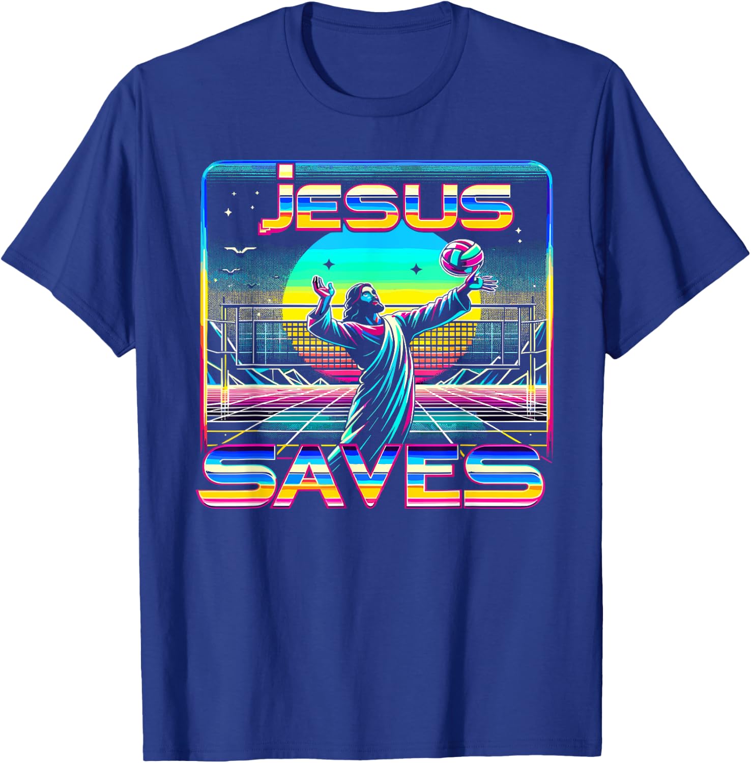 80s Vaporwave Jesus Saves Volleyball T-Shirt - T-Shirt | Royal