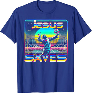 80s Vaporwave Jesus Saves Volleyball T-Shirt - T-Shirt | Royal