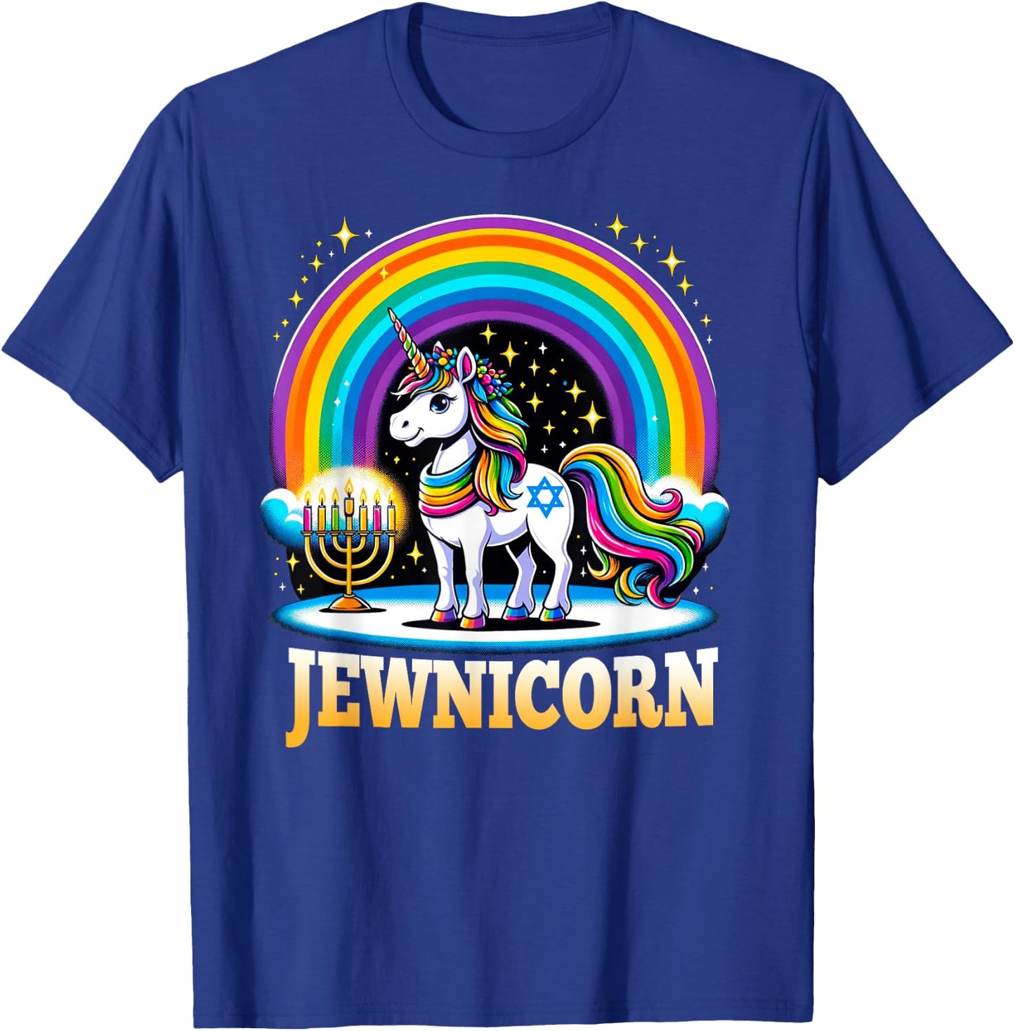 Jewnicorn Jewish Pride Unicorn Menorah Rainbow T-Shirt - T-Shirt | Royal