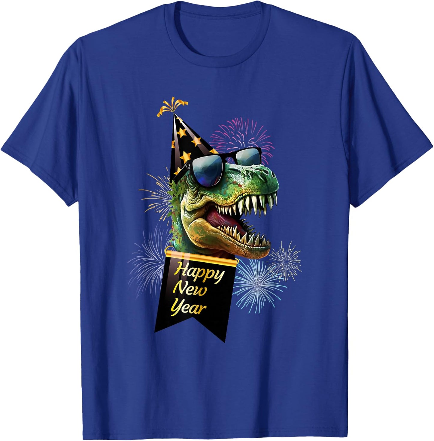 Happy New Year Dinosaur T Rex Sunglasses Fireworks NYE Party T-Shirt - T-Shirt | Royal