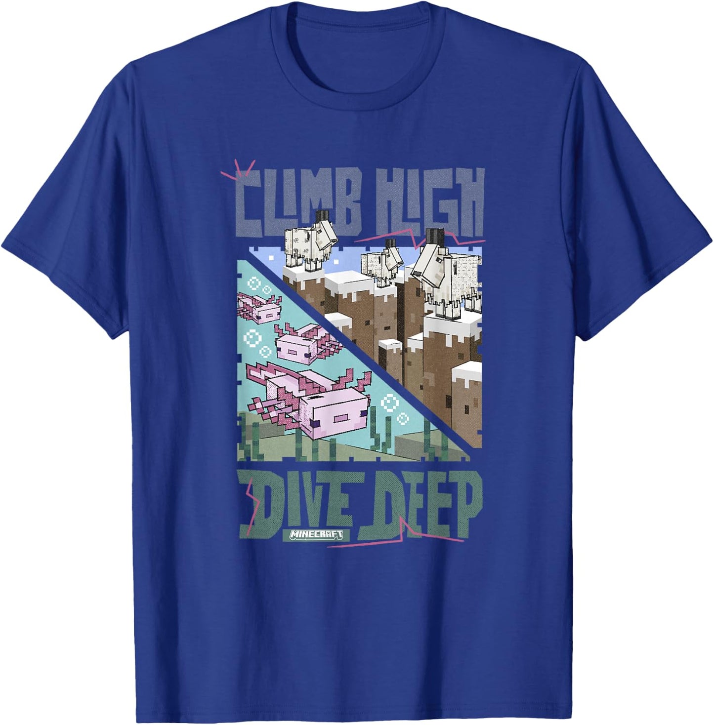 Minecraft Climb High Dive Deep Mountains & Sea Panels T-Shirt - T-Shirt | Royal