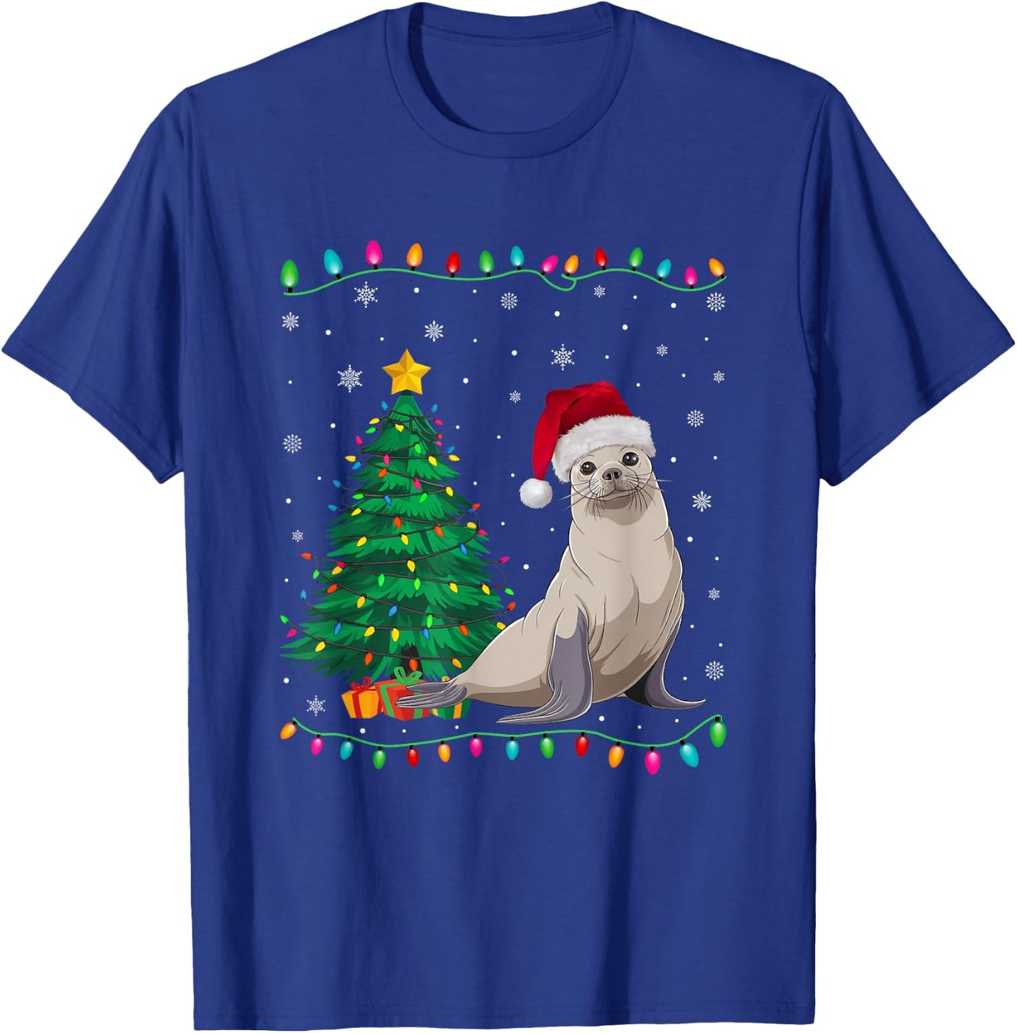 Seal Santa Hat Men Women Kids Christmas Tree Lights T-Shirt - T-Shirt | Royal