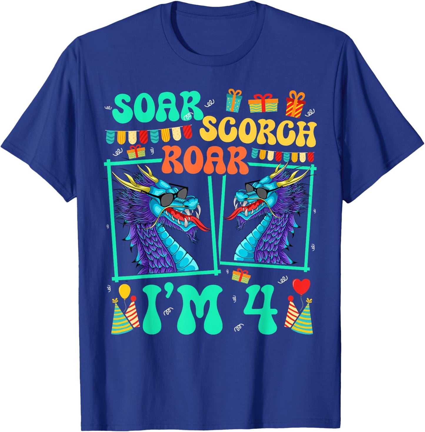 Soar Scorch Roar I'm 4 Dragon Lover Kid 4th Birthday T-Shirt - T-Shirt | Royal