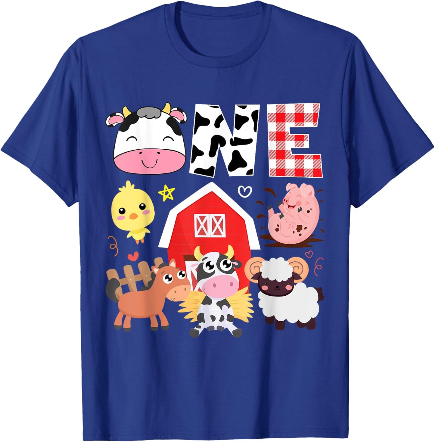 1st Birthday One Year Old Farm Theme Animals Birthday Party T-Shirt - T-Shirt | Royal