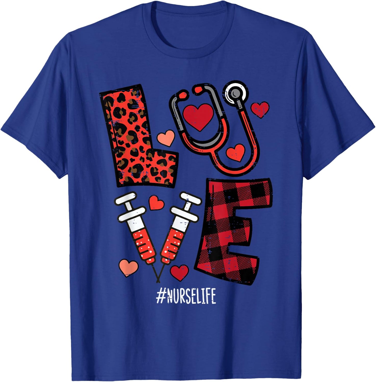 Valentines Day Leopard Plaid Nurse Nursing Scrub Top Women T-Shirt - T-Shirt | Royal
