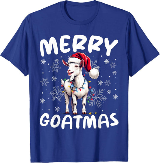 Goat Funny Merry Goatmas Santa Hat Sunglass Snowflakes Xmas T-Shirt - T-Shirt | Royal