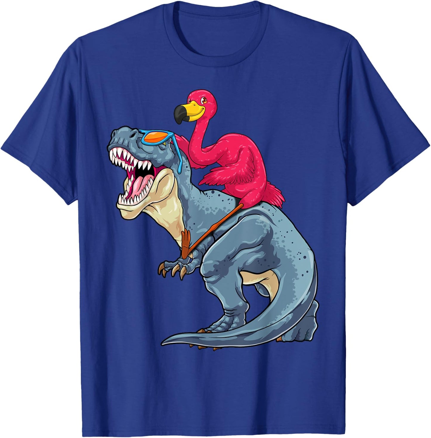 Flamingo Riding Dinosaur T-Rex Funny Flock Bird Dino Pun T-Shirt - T-Shirt | Royal