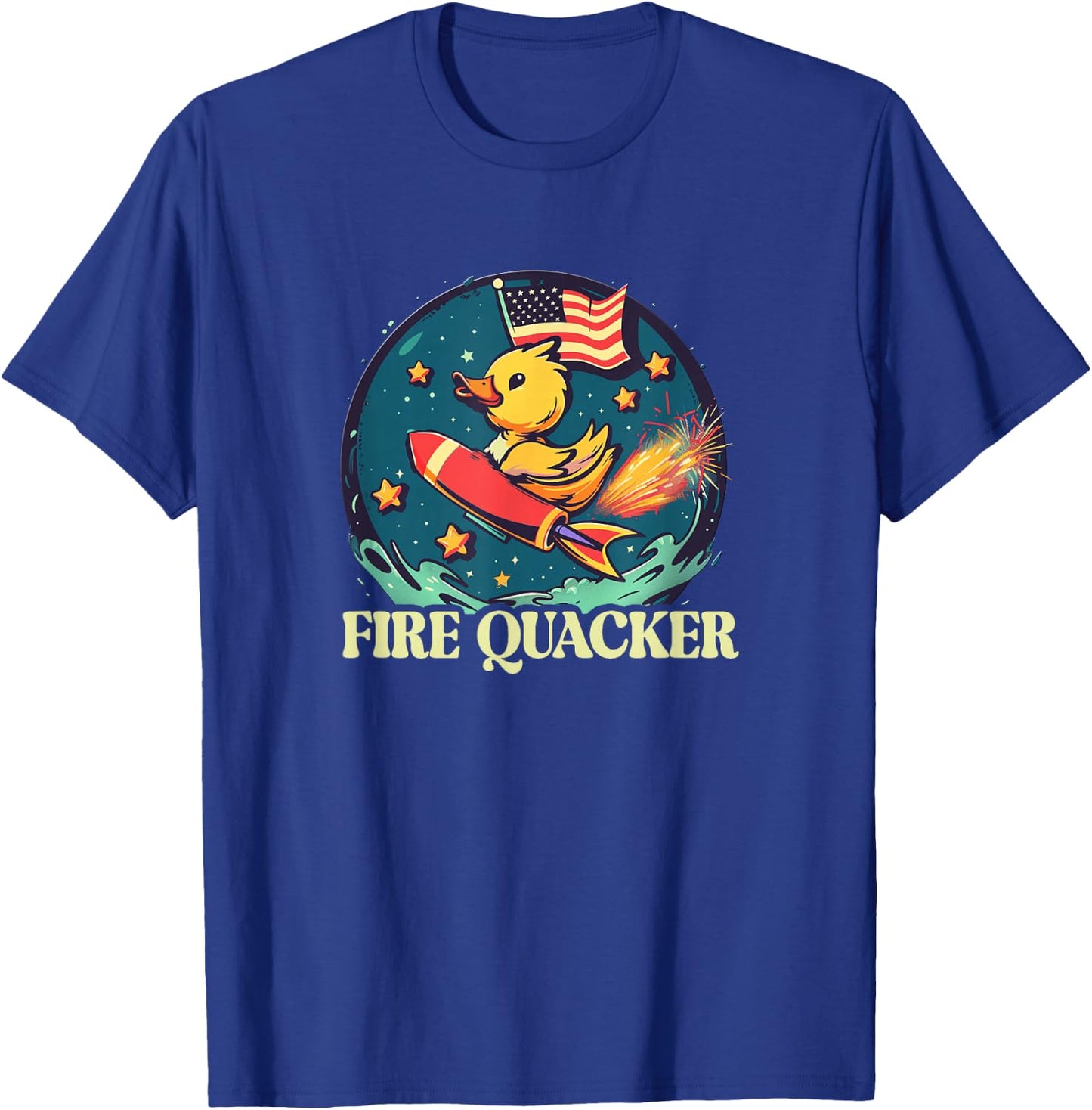 Funny Fireworks with Goose Duck - Fire Quacker T-Shirt - T-Shirt | Royal