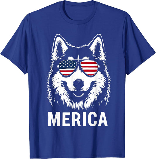 American Flag Merica husky dog 4th Of July kids women men T-Shirt - T-Shirt | Royal