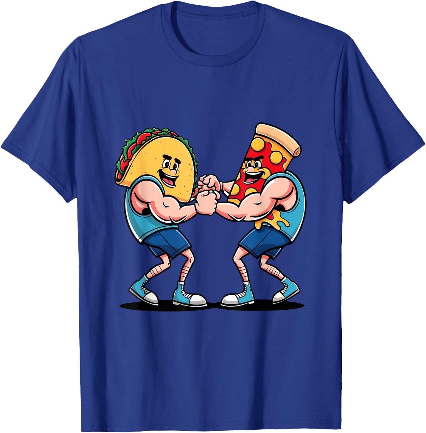 Taco Versus Pizza Anthropomorphic Arm Wrestling T-Shirt - T-Shirt | Royal