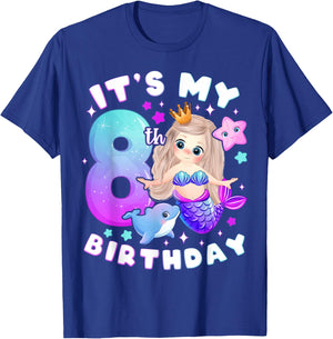 8th Birthday, Girl 8 Years, Mermaid, Number 8 T-Shirt - T-Shirt | Royal